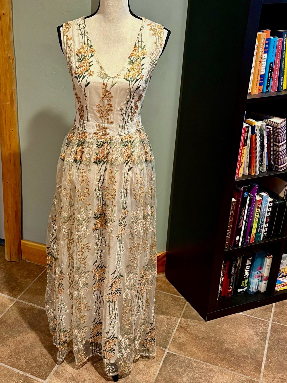 Choklate Paris Embroidered Floral Satin Dress in cream.